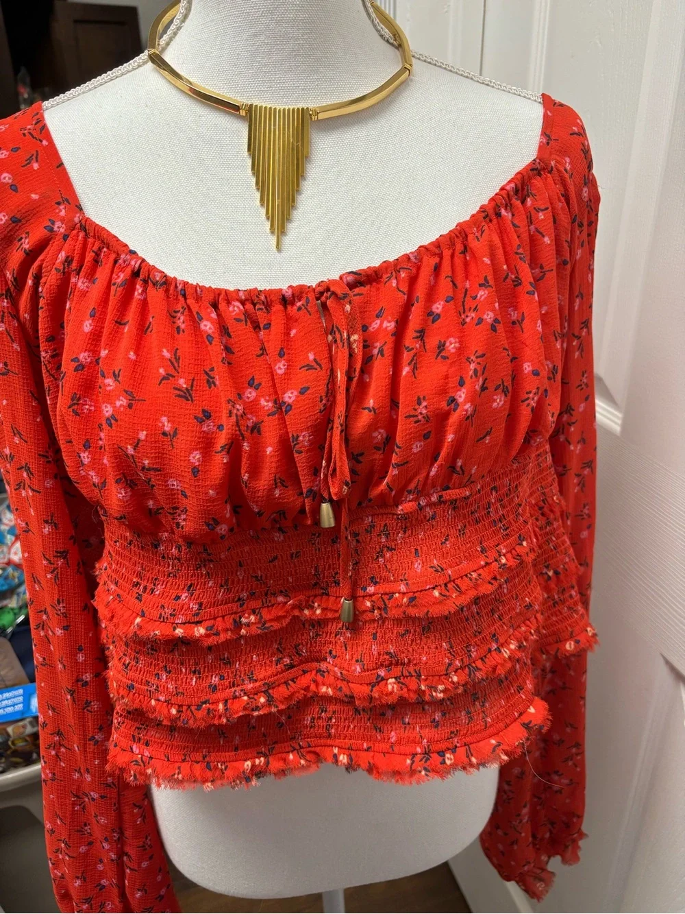 Free People Lolita Red Floral Smocked Tiered Crop Blouse Top - Size XL